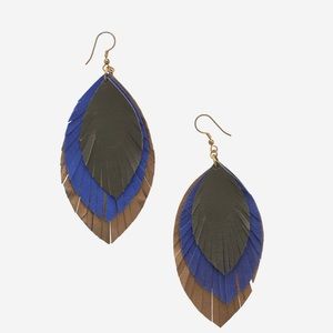 Noonday Collection Leather Feather Fringe Earrings Cobalt- New!